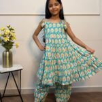Bluish green floral print Kurti and pant sets