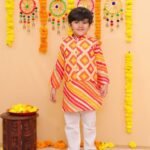 Red and orange leheriya  printed Kurta with white pajama and Jacket