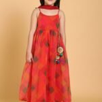 Red Organza geometric print Kurta set with dupatta