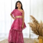 Rani pink Leheriya one shoulder Kurti with Sharara set