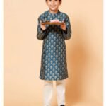 Teal blue Ethnic Motif printed Angrakha Kurta pajama set Specifications