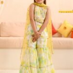 Bright yellow and pink full length gown dress with dupatta