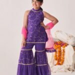 Purple sleeveless short Kurti Sharara set