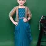 Rani pink crop top with pleated skirt and brocade jacket set