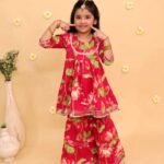 Rani pink  Floral print floral printed Kurti Sharara with Net dupatta