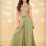 Mehendi green embroidered crop top with Palazo and dupatta